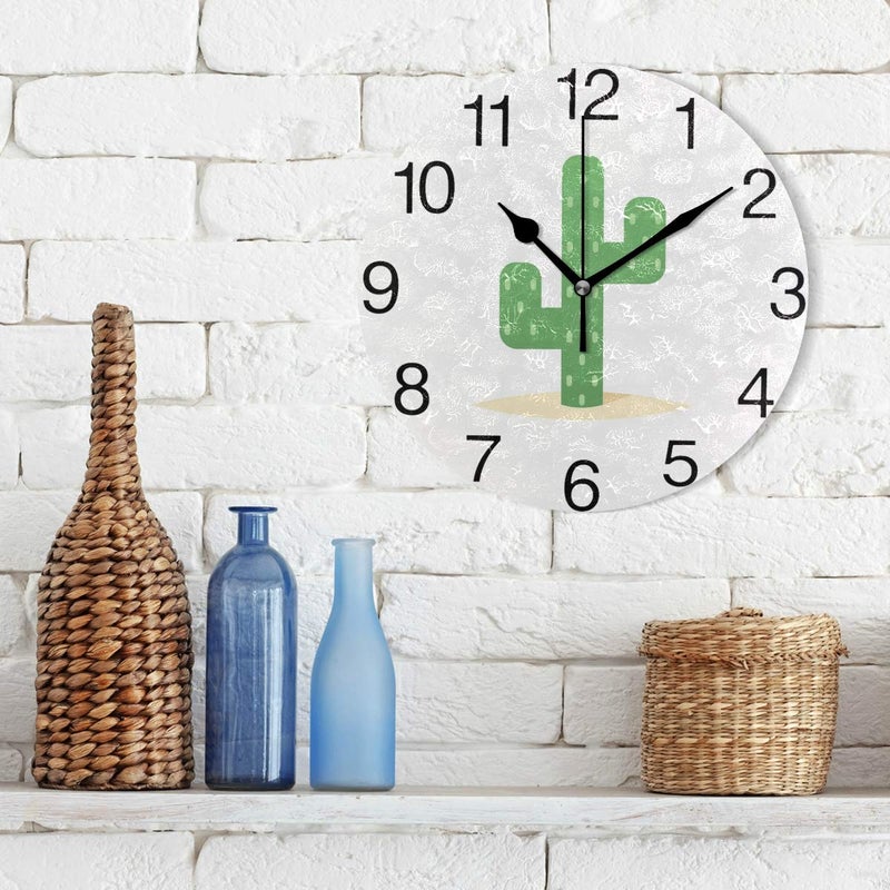 senya Desert Cactus Round Wall Clock, Silent Non Ticking Oil Painting Decorative for Home Office School Clock Art - Image 3